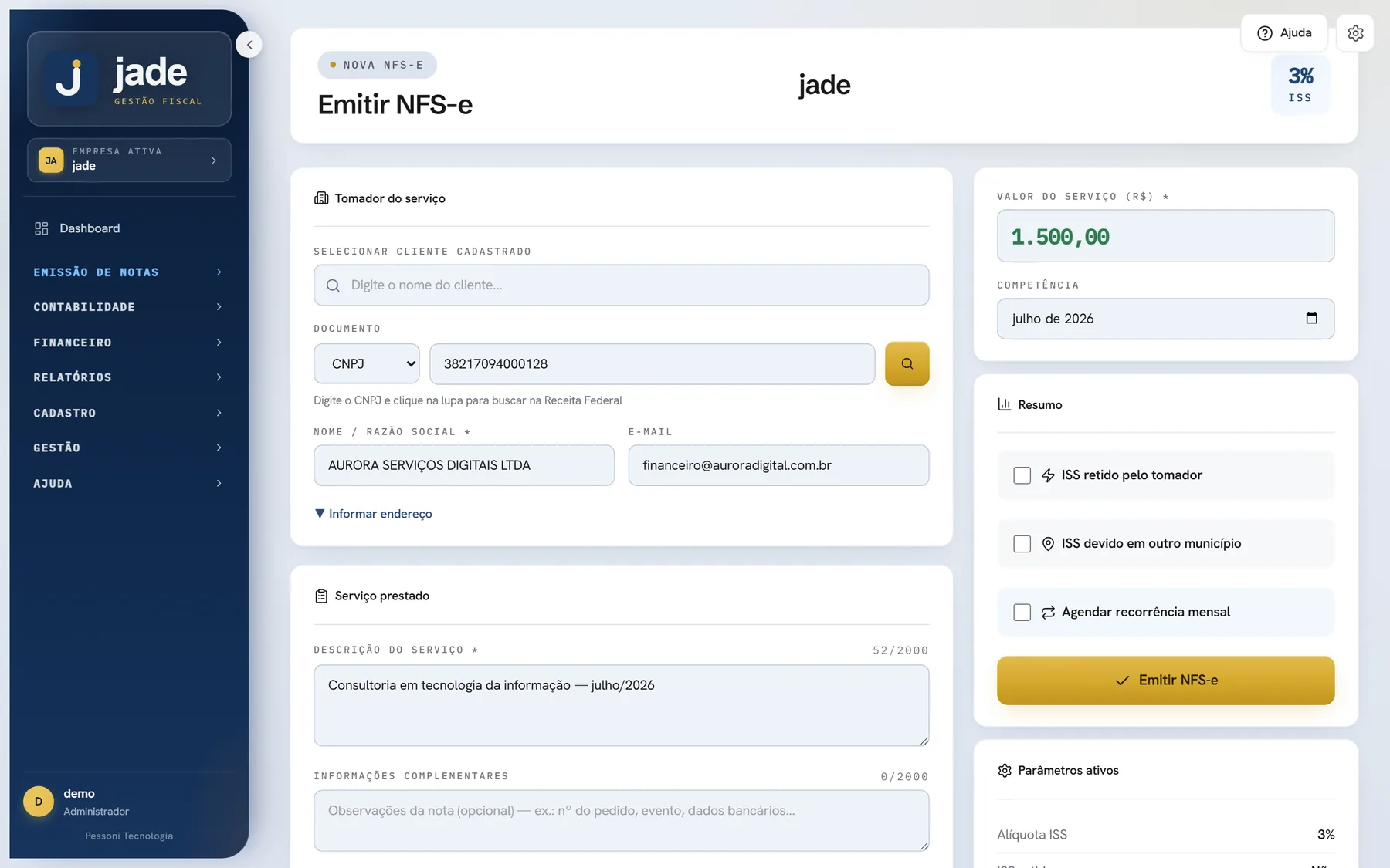 Tela de emissão de nota fiscal da jade